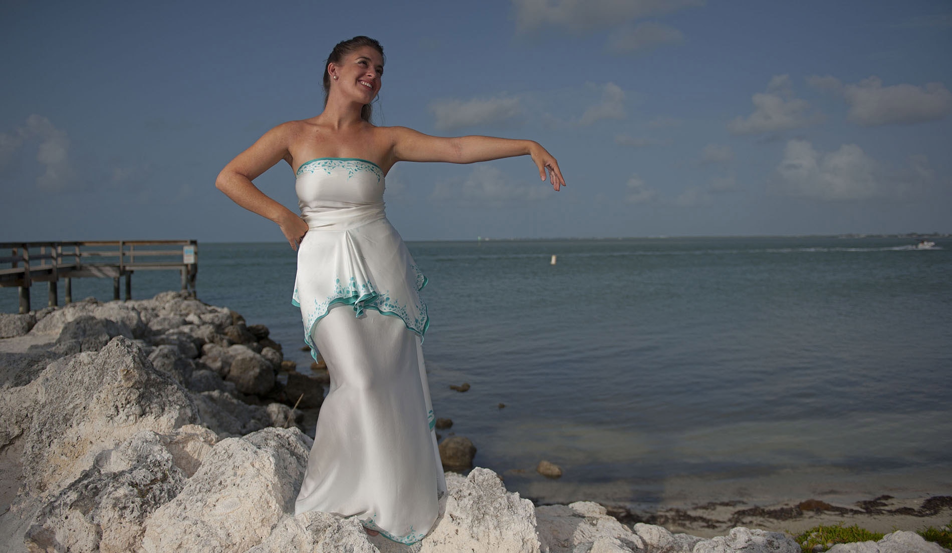 Elegant Luxurious Tropical Wedding Dress Ensemble - Look 1 front