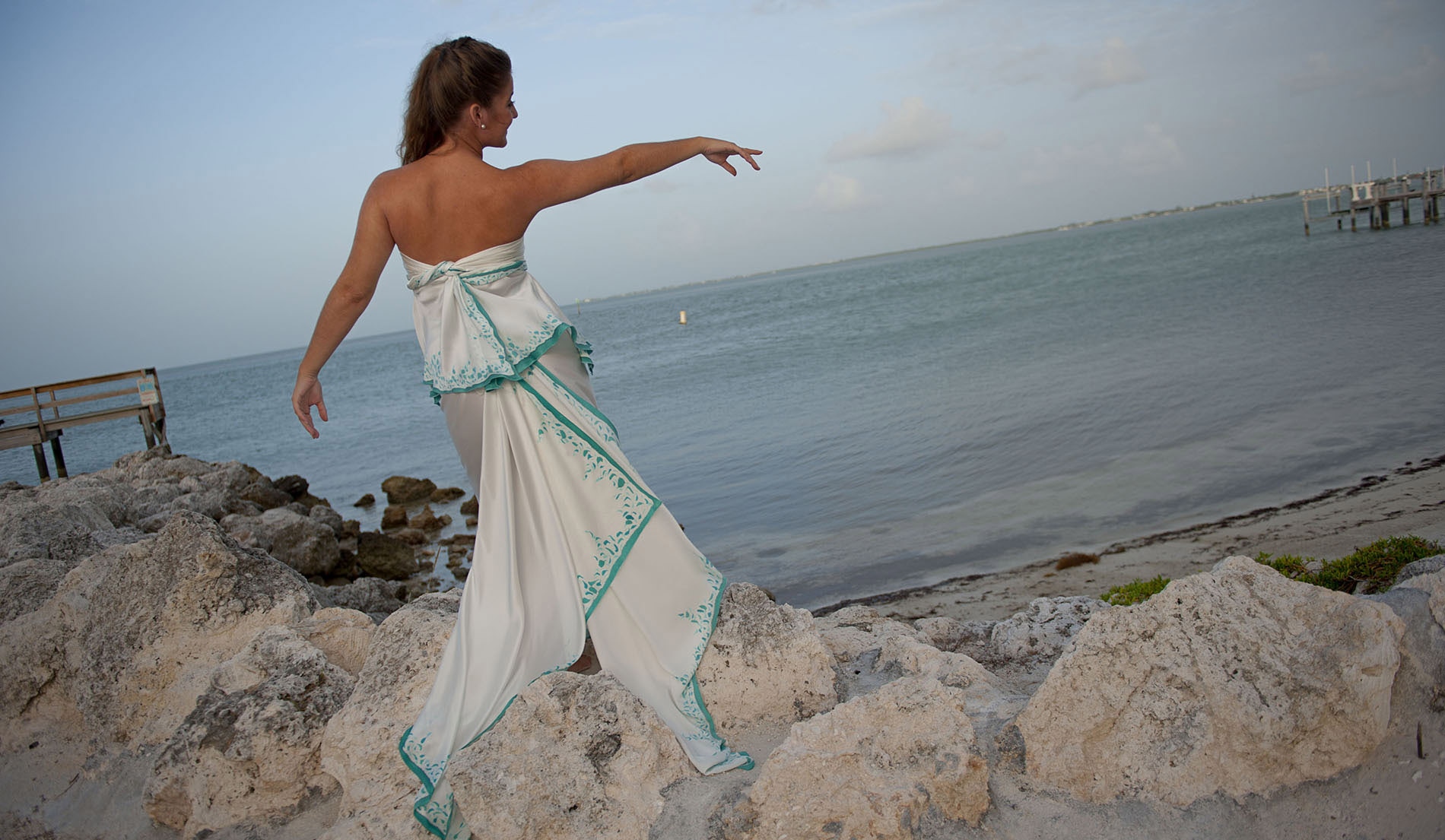 Empire Wrap Luxurious Tropical Wedding Dress Ensemble - Look 2 back