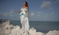Off the Shoulder Wrap Luxurious Tropical Wedding Dress Ensemble - Look 5 front